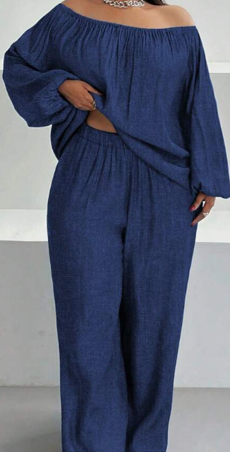 Off Shoulder Lantern Sleeve Shirt & Wide Leg Pants 2 Pieces Casual Set