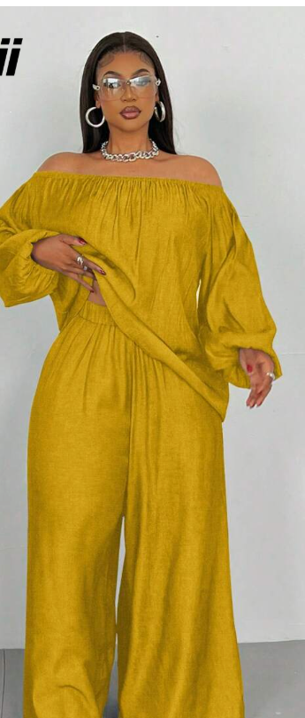 Solid Color Off Shoulder Lantern Sleeve Shirt And Pants 2 Pieces Set