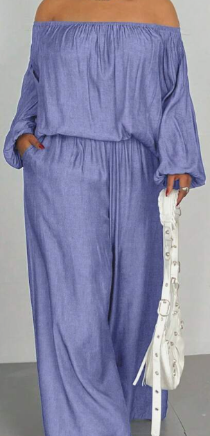 Solid Color Off-Shoulder Lantern Sleeve Shirt And Pants Casual 2 Pieces Set