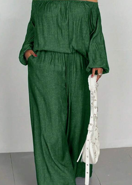 Off Shoulder Lantern Sleeve Top and Pants 2 Pieces Set