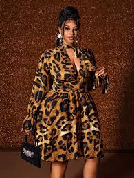 Leopard Print Flare Sleeve Cinched Waist Dress, Sexy & Slimming, European &