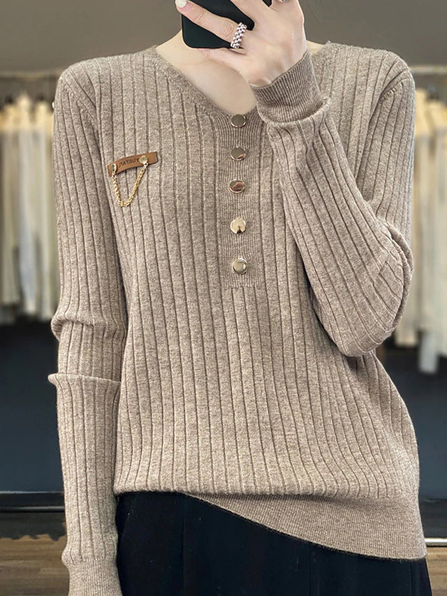 Pullover Sweater Jumper V Neck Ribbed Knit Button Fall Winter Outdoor Daily Going out Stylish Casual Soft Long