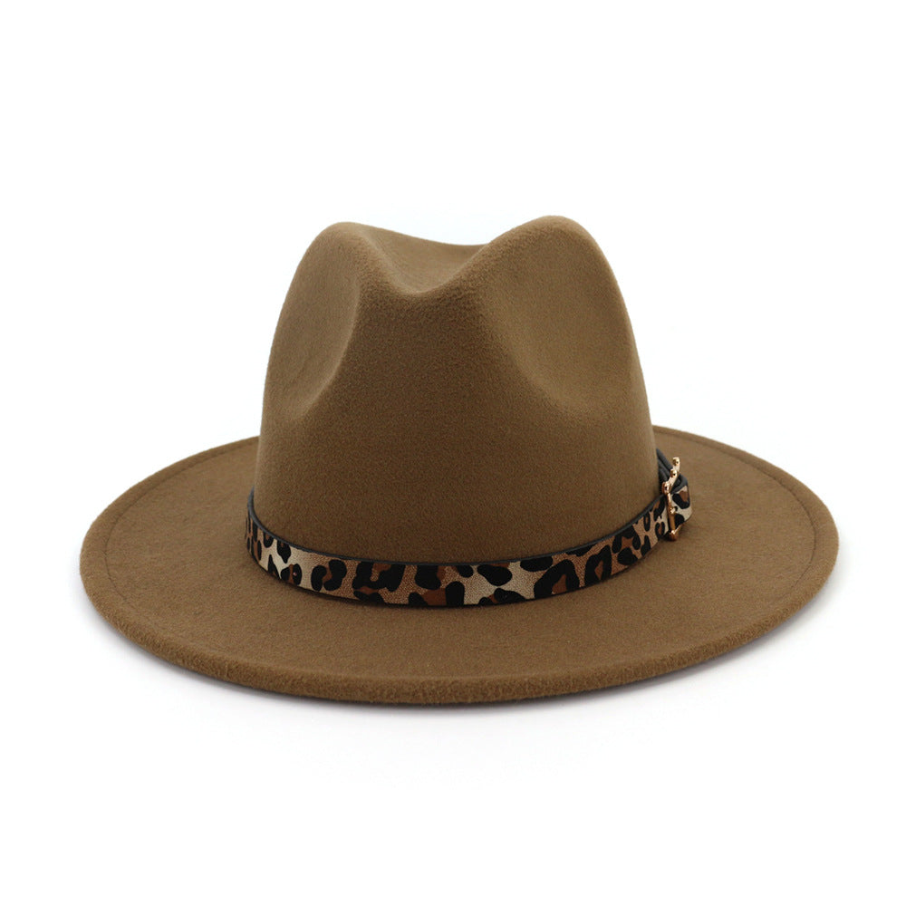 Retro Flat Big Brim Hat with Leopard Buckle
