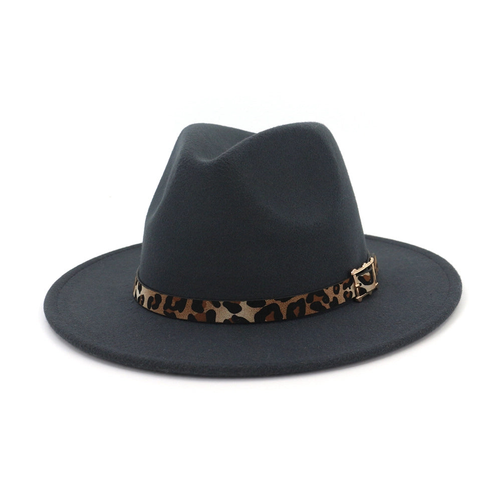 Retro Flat Big Brim Hat with Leopard Buckle