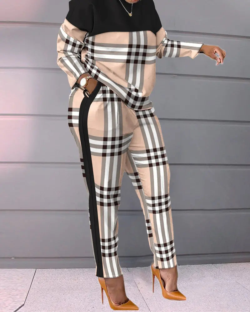 Plaid Print Long Sleeve Top & Pants Set