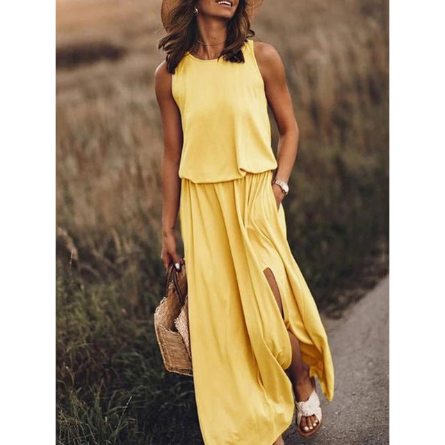 Sleeveless Holiday Solid Round Neck Long Weaving Dress