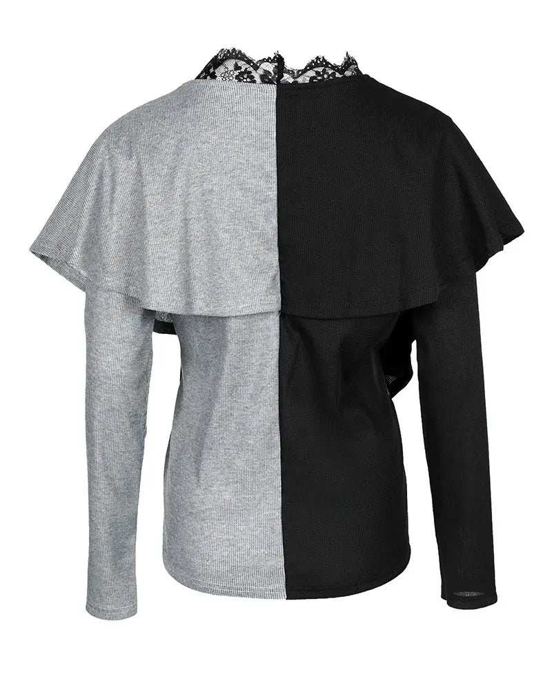 Colorblock Contrast Lace V-Neck Wrap Sweater