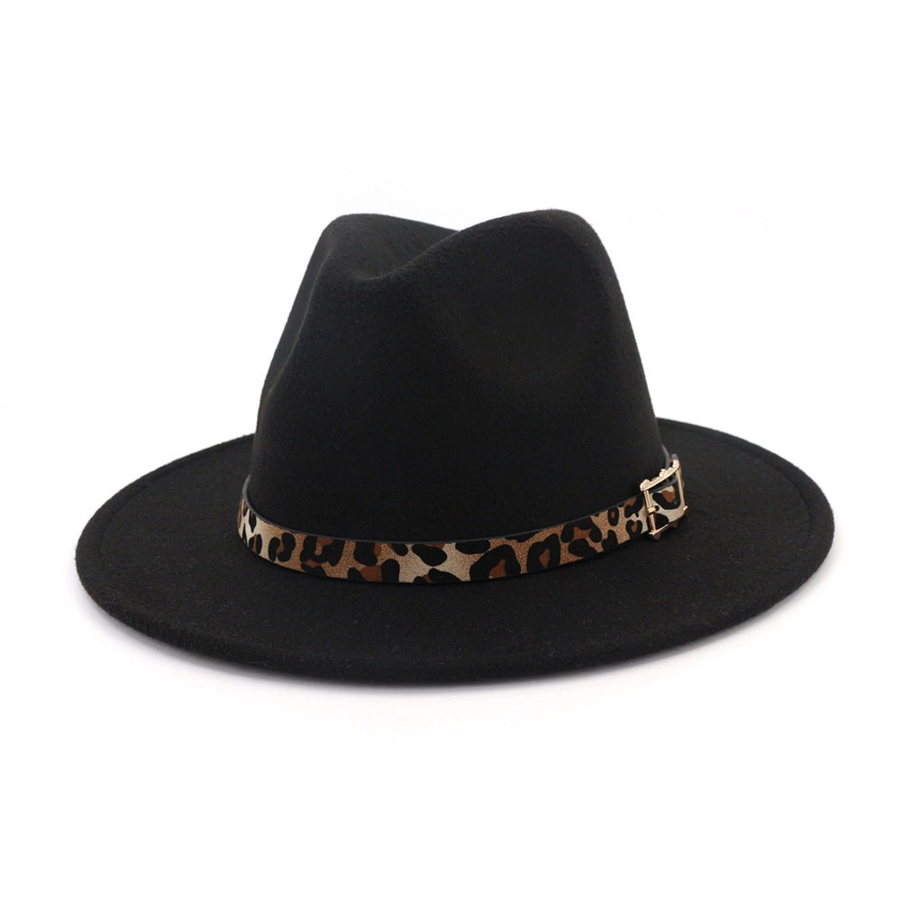 Retro Flat Big Brim Hat with Leopard Buckle