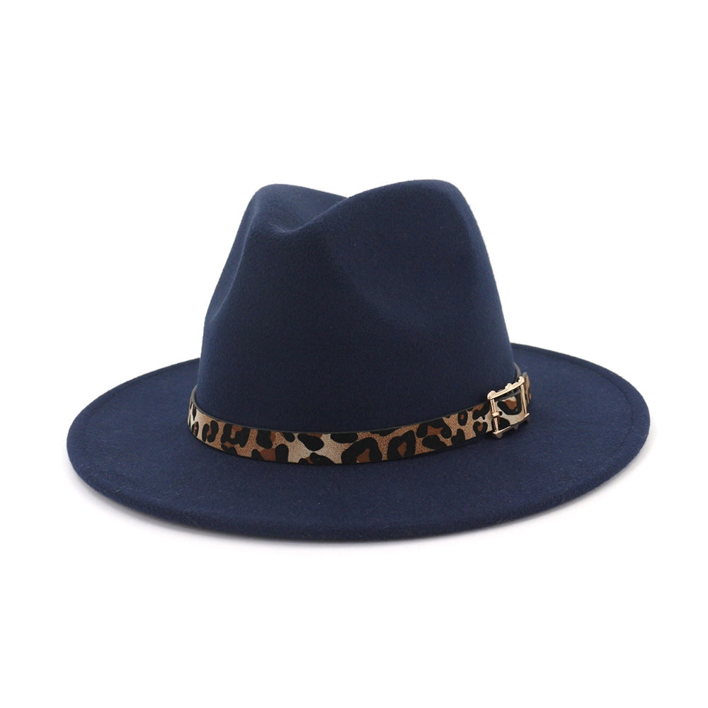 Retro Flat Big Brim Hat with Leopard Buckle