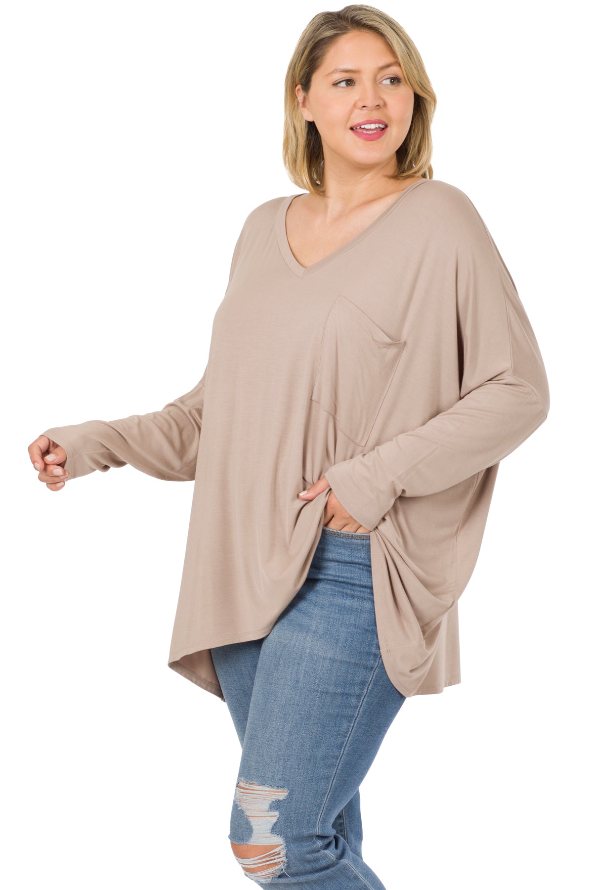 PLUS LUXE RAYON OVERSIZED V-NECK FRONT POCKET TOP