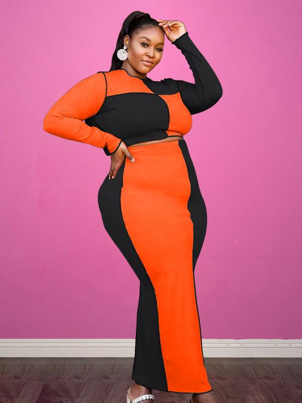 Contrast Color Fashion Plus Size Two Pieces Skirt Set
