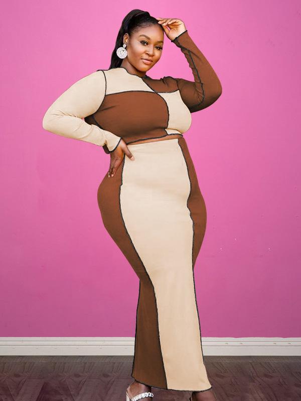 Contrast Color Fashion Plus Size Two Pieces Skirt Set