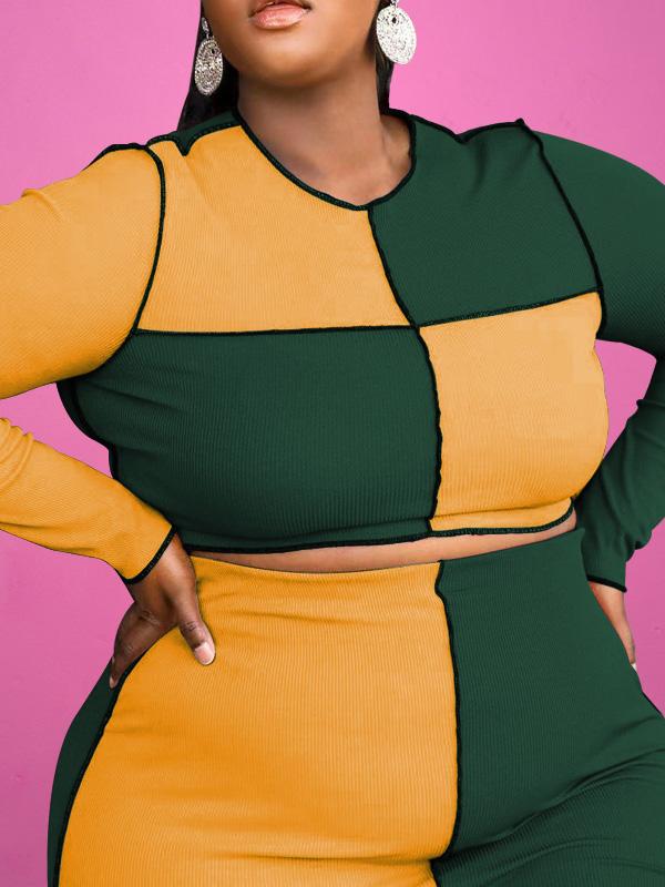 Contrast Color Fashion Plus Size Two Pieces Skirt Set