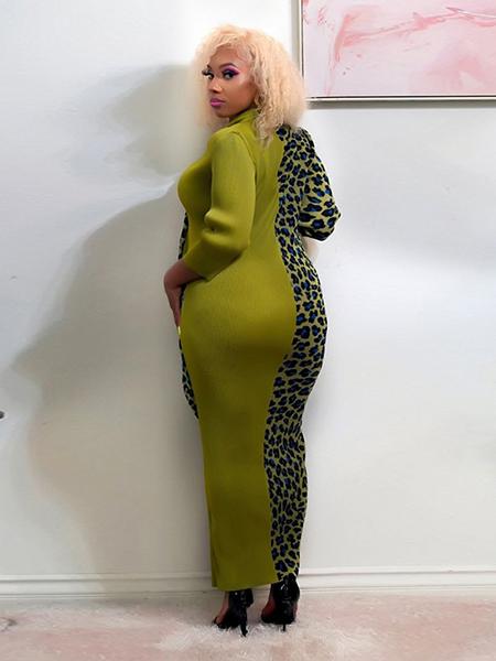 Leopard Patchwork Plus Size Long Sleeve Maxi Dress