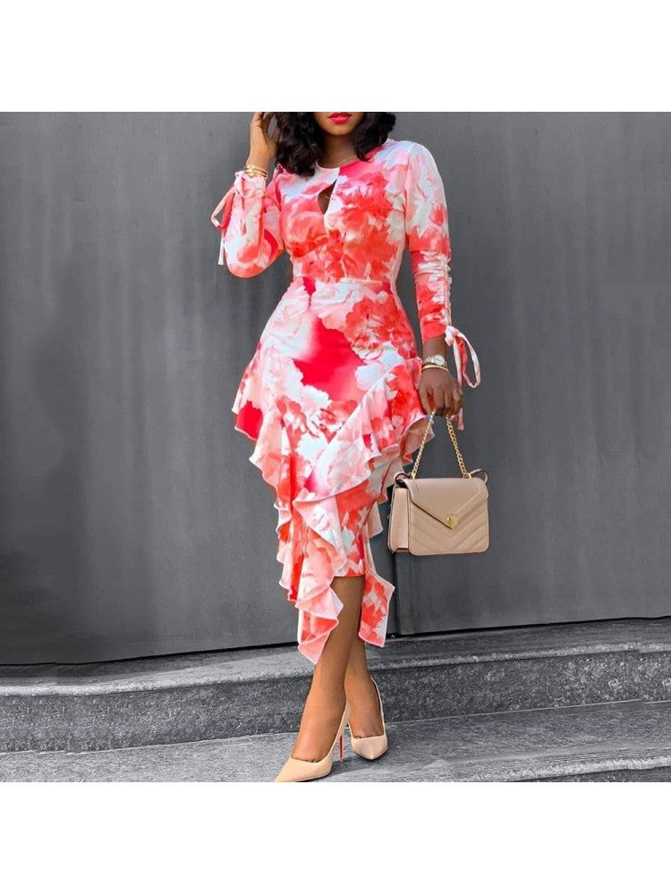 Women Ruffles Hollow Out Asymmetric Maxi Dresses