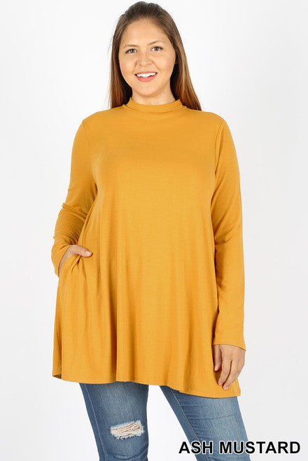 LONG SLEEVE MOCK NECK PLUS SIZE TOP WITH POCKETS
