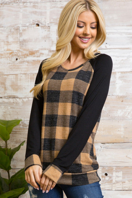 BUFFALO PLAID CONTRAST SOLID LONG SLEEVE PLUS SIZE TOP