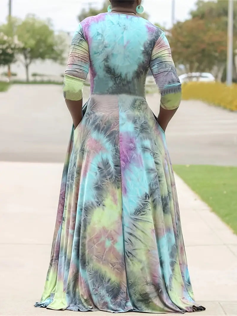 Tie Dye Print V Neck Short Sleeve Maxi Dress, Women's Elegant Medium Stretch Long Dress