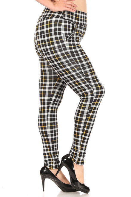 MUSTARD ACCENT PLAID HIGH WAISTED PLUS SIZE TREGGINGS WITH ZIPPER POCKETS