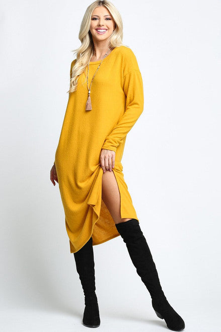 LONG SLEEVE SIDE SLIT MIDI LENGTH SWEATER DRESS