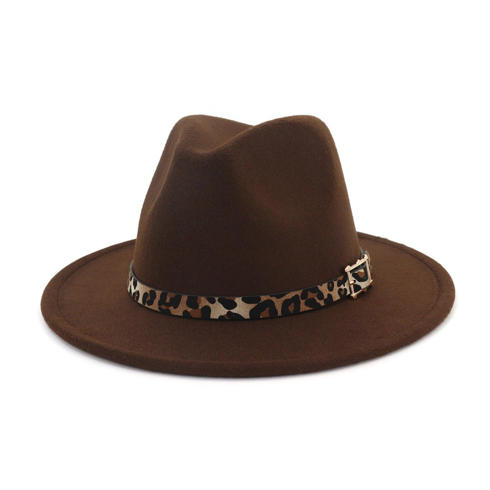 Retro Flat Big Brim Hat with Leopard Buckle