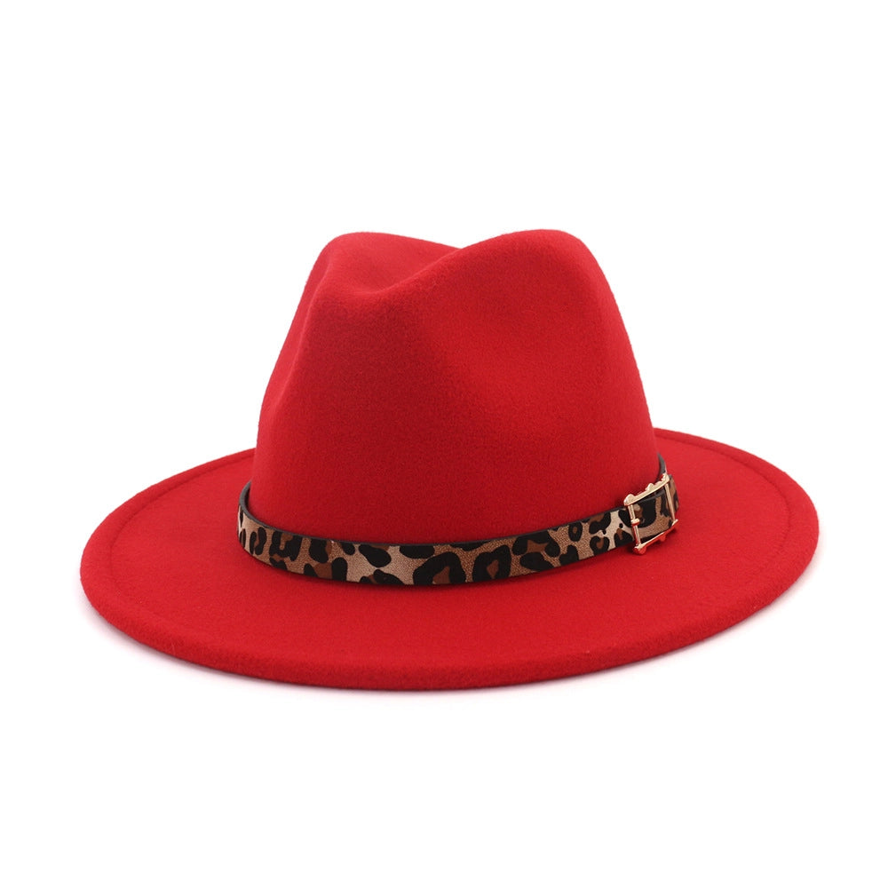 Retro Flat Big Brim Hat with Leopard Buckle