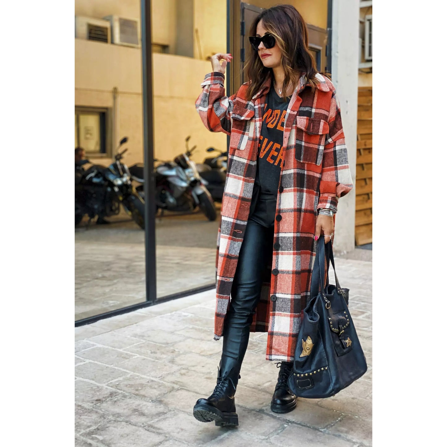 Plaid Flannel Shacket Jacket Maxi Length Women