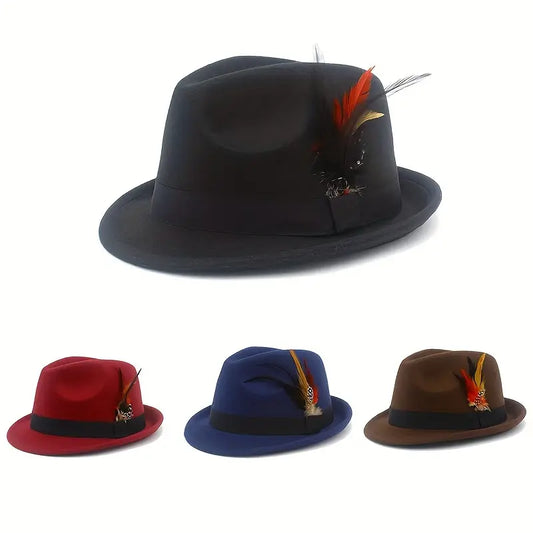 Fashion Felt Hat With Feather Decor, Casual Top Hat Vintage Jazz Hat For Men Women