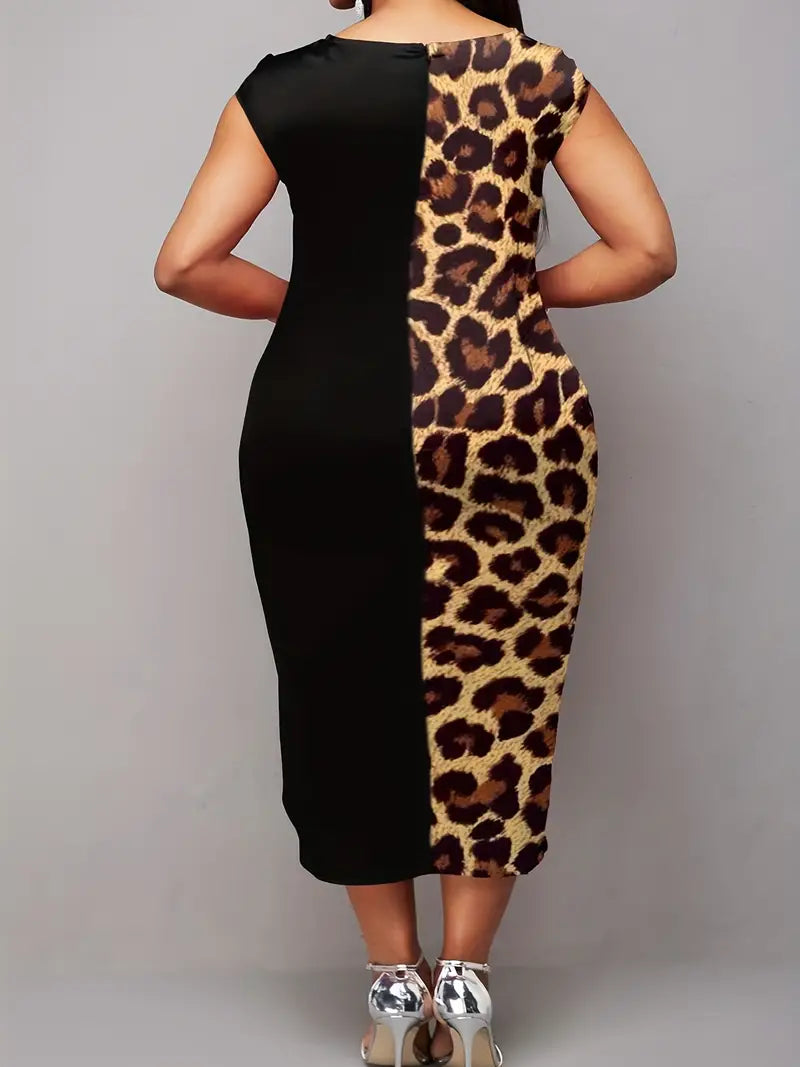 Leopard Print Boat Neck Dress Women's Elegant Slim Fit