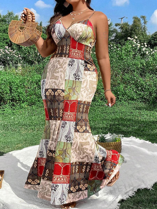 EZwear Plus Size Women's Vintage Elegant Printed Backless Cami Fish Tail Dress