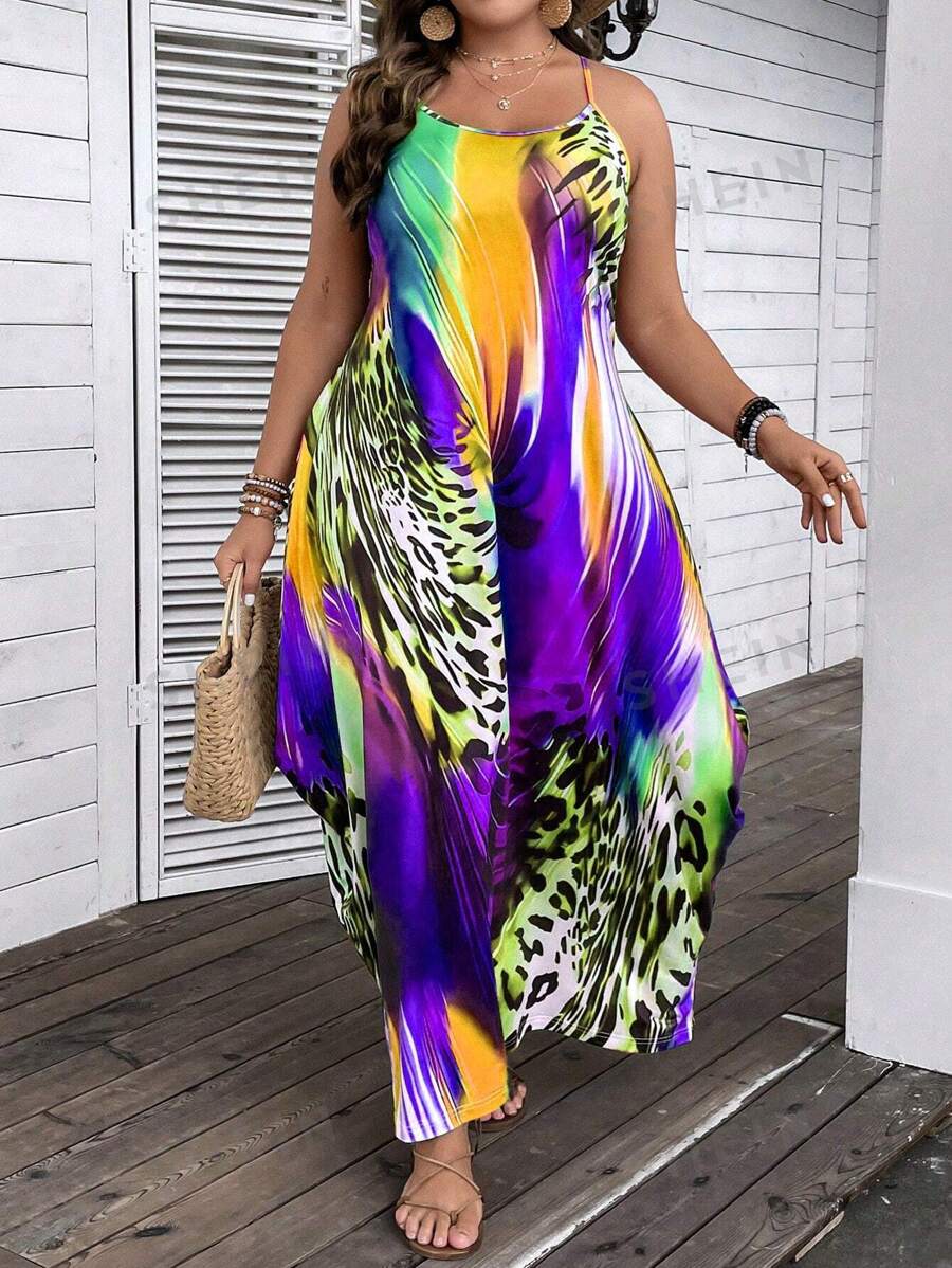 Plus Size Leopard Print Colorful Vacation Style Long Dress With Shoulder Straps