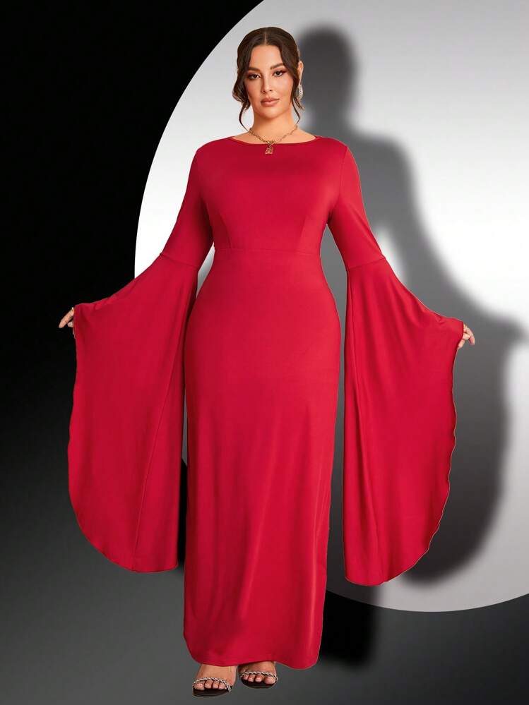 Women Elegant Party/Date Solid Color Flare Sleeve Long Sleeve Maxi Dress