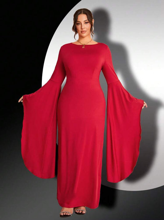 Women Elegant Party/Date Solid Color Flare Sleeve Long Sleeve Maxi Dress