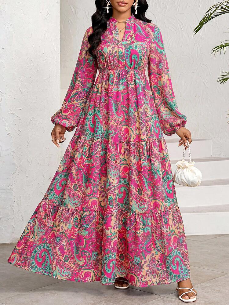 Floral Print V-Neck Long Sleeve Elegant Dress Fall