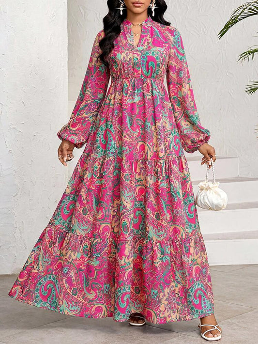 Floral Print V-Neck Long Sleeve Elegant Dress Fall