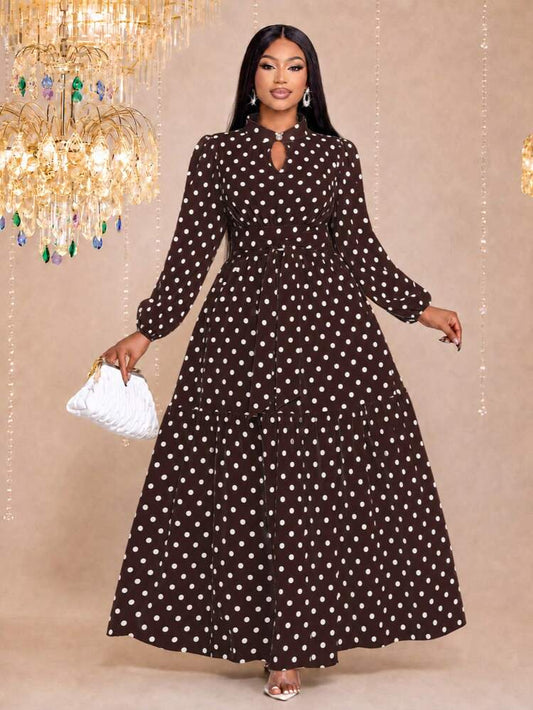 Elegant Vintage Polka Dot Mock Neck Long Sleeve Cinched Cinched Waist Dress