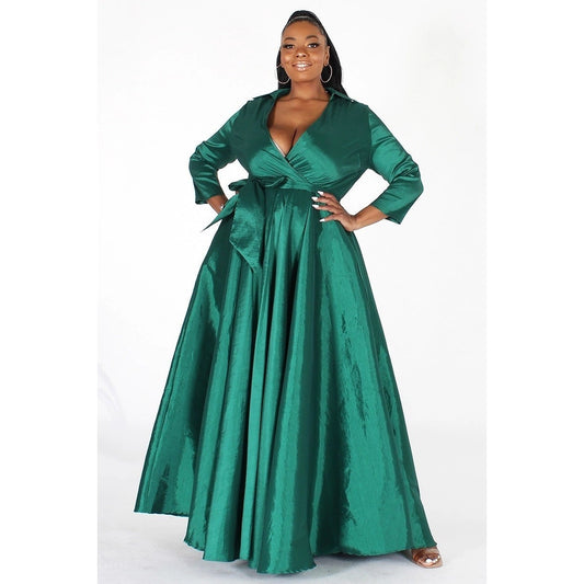 Plus Taffeta Wrapped A-Line Maxi Dress