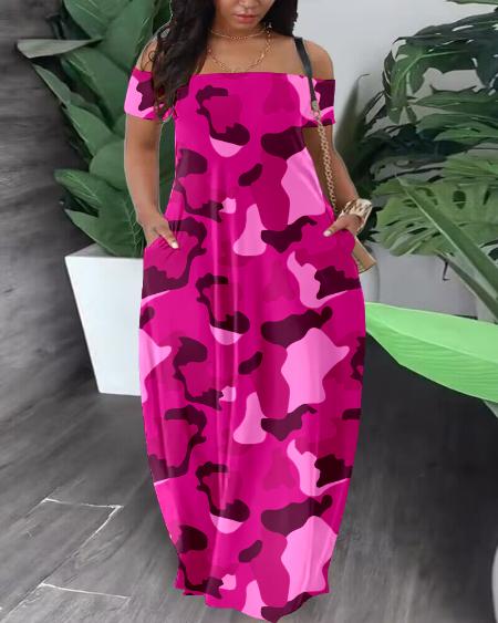 Camouflage Print Off Shoulder Maxi Dress