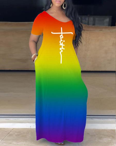 Plus Size Faith Print Rainbow Ombre Maxi Dress