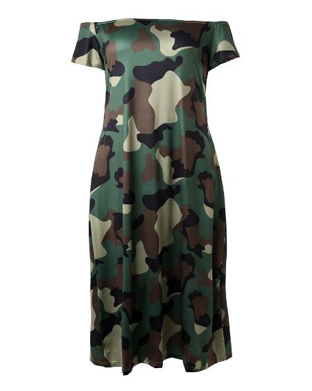 Plus Size Camouflage Print Off Shoulder Maxi Dress