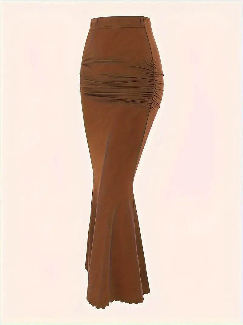 Solid Side Ruched Elastic High Rise Medium Stretch Maxi Mermaid Skirt