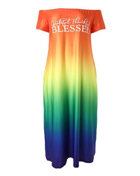 Plus Size Ombre Grateful Thankful Blessed Print Maxi Dress