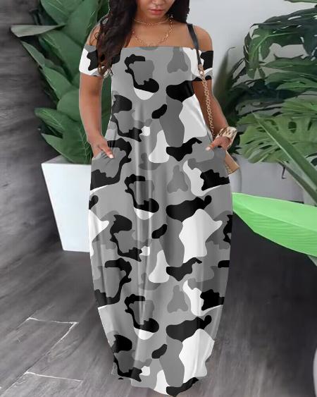 Plus Size Camouflage Print Off Shoulder Maxi Dress