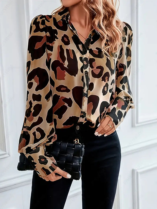 Leopard Print Button Up Long Sleeve Turn Down Collar Top