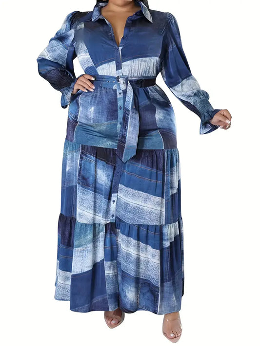 Plus Size Casual Dress, Women's Plus Patchwork Print Button Up Puff Sleeve Turn Down Collar Slight Stretch Maxi Smock Dress With Belt