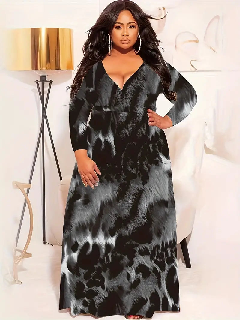 Plus Size Casual Dress, Women's Plus Leopard Print Long Sleeve Surplice Neck High Stretch Maxi Dress With Belt