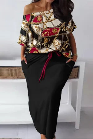 Casual Daily Print Basic Off the Shoulder Plus Size Two Pieces