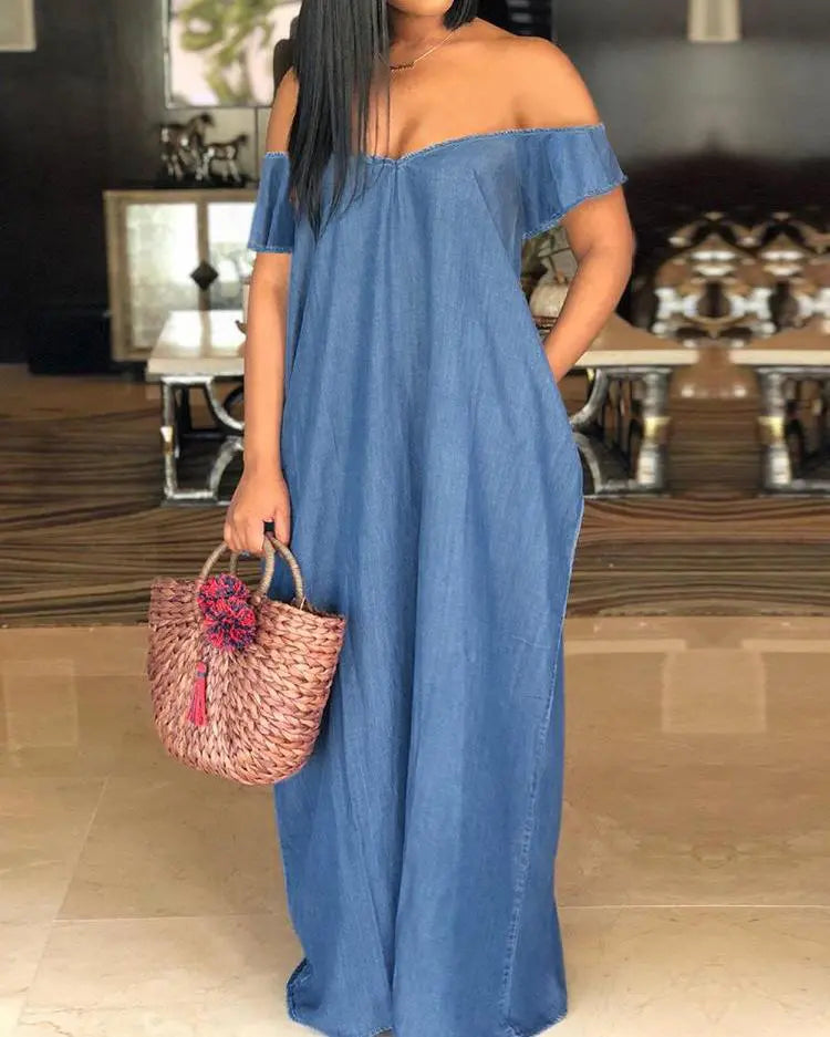 Oversized Off Shoulder Loose Denim Maxi Dress