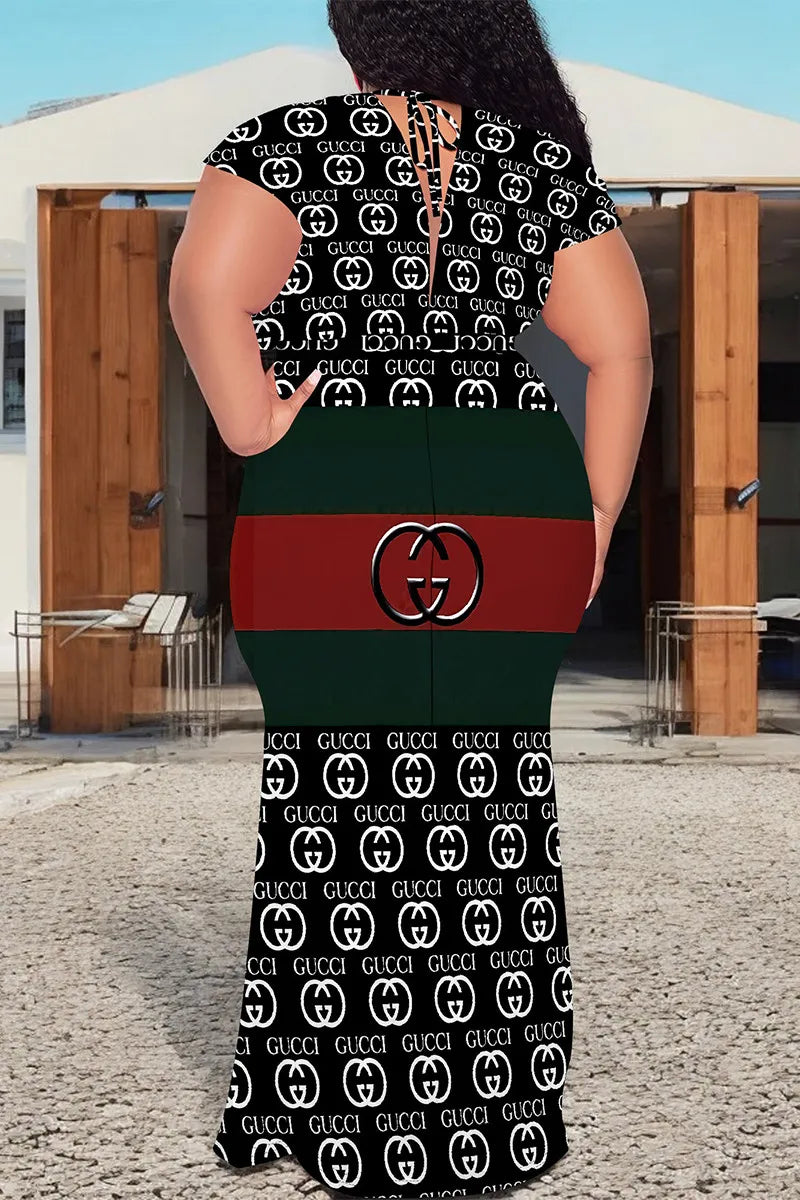 Black And White Sexy Letter Print Gradient Lace Up With Belt Contrast V Neck Printed Plus Size Dresses