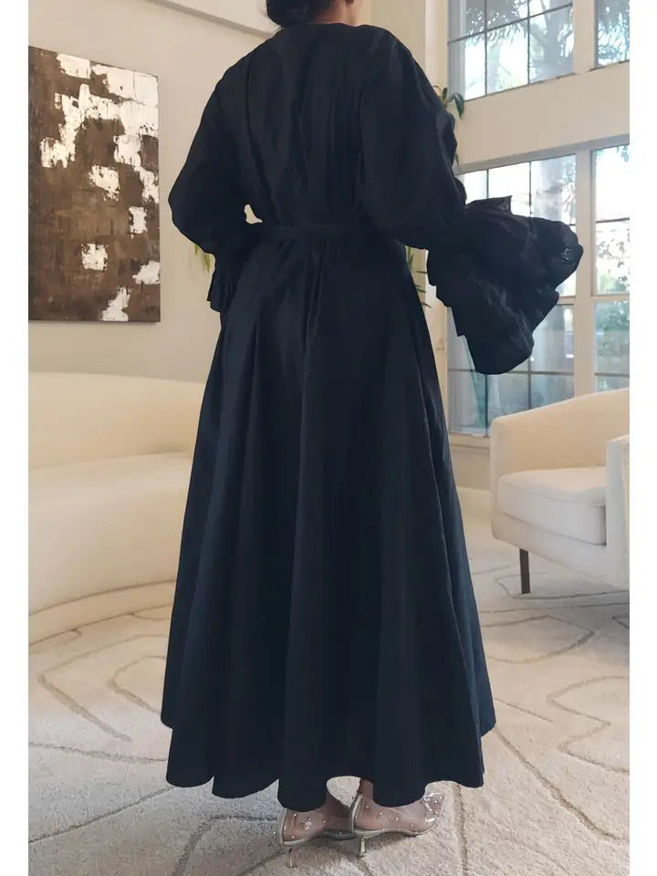 Wrap Dress with Long Ruffle Sleeves/ Black